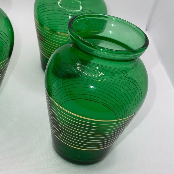 4 Vintage Anchor Hocking Green Glass‎ Bud Vases. Mid Century Modern Gold Stripes - Picture 3 of 6